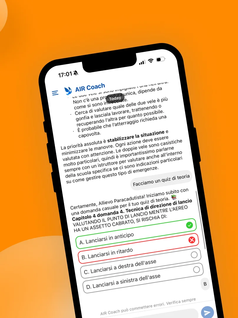 Interfaccia app AIR Coach - guida digitale paracadutismo sicuro e accessibile